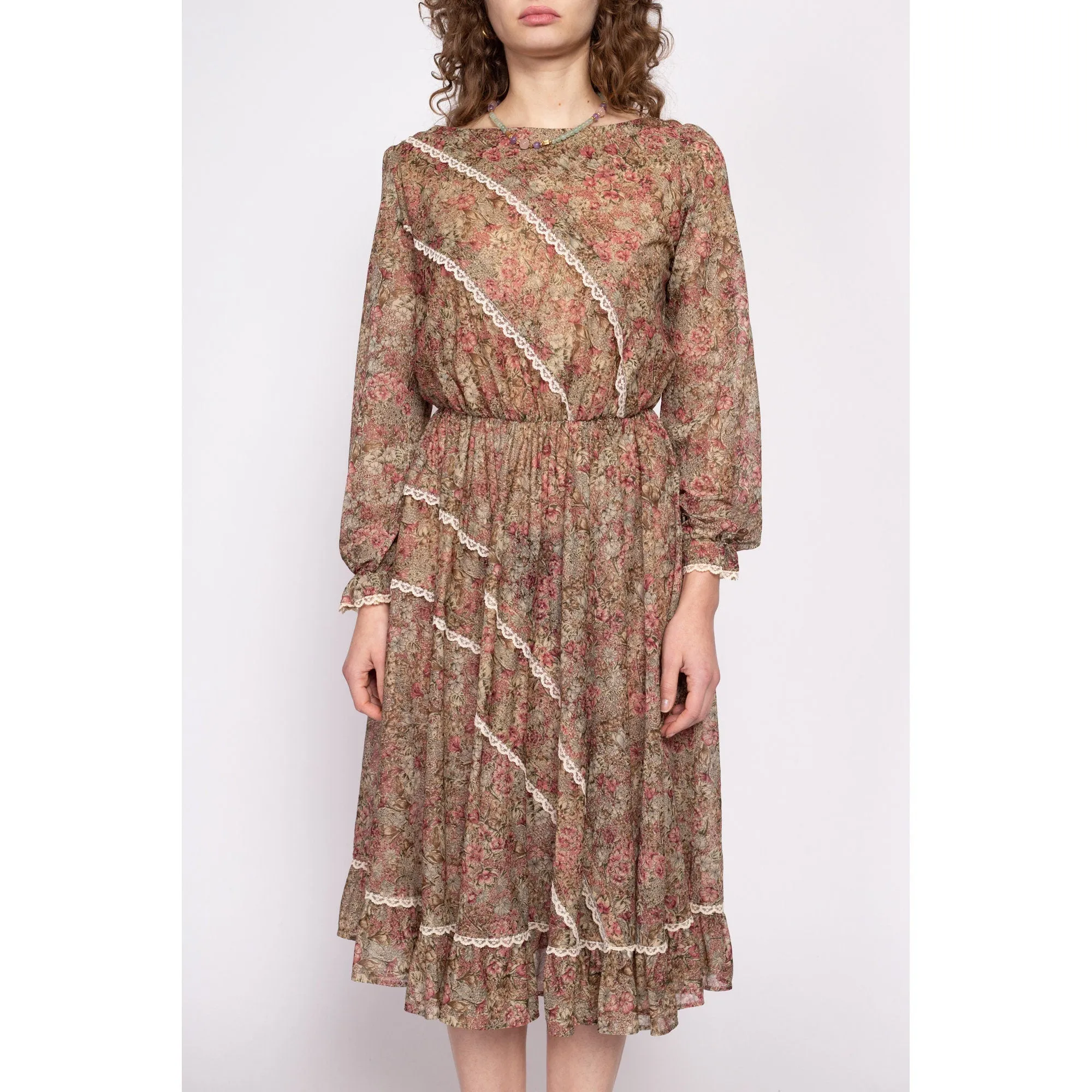 70s Boho Brown Floral Prairie Midi Dress - Medium