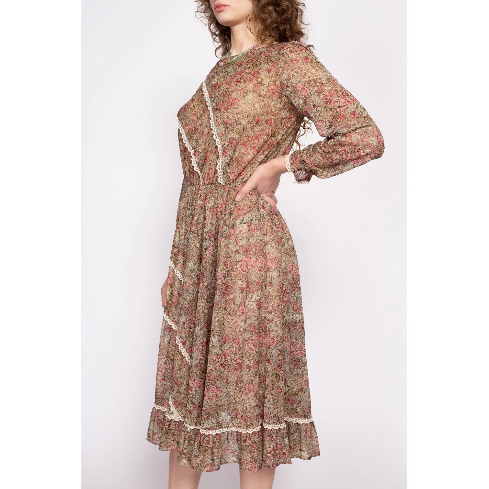 70s Boho Brown Floral Prairie Midi Dress - Medium