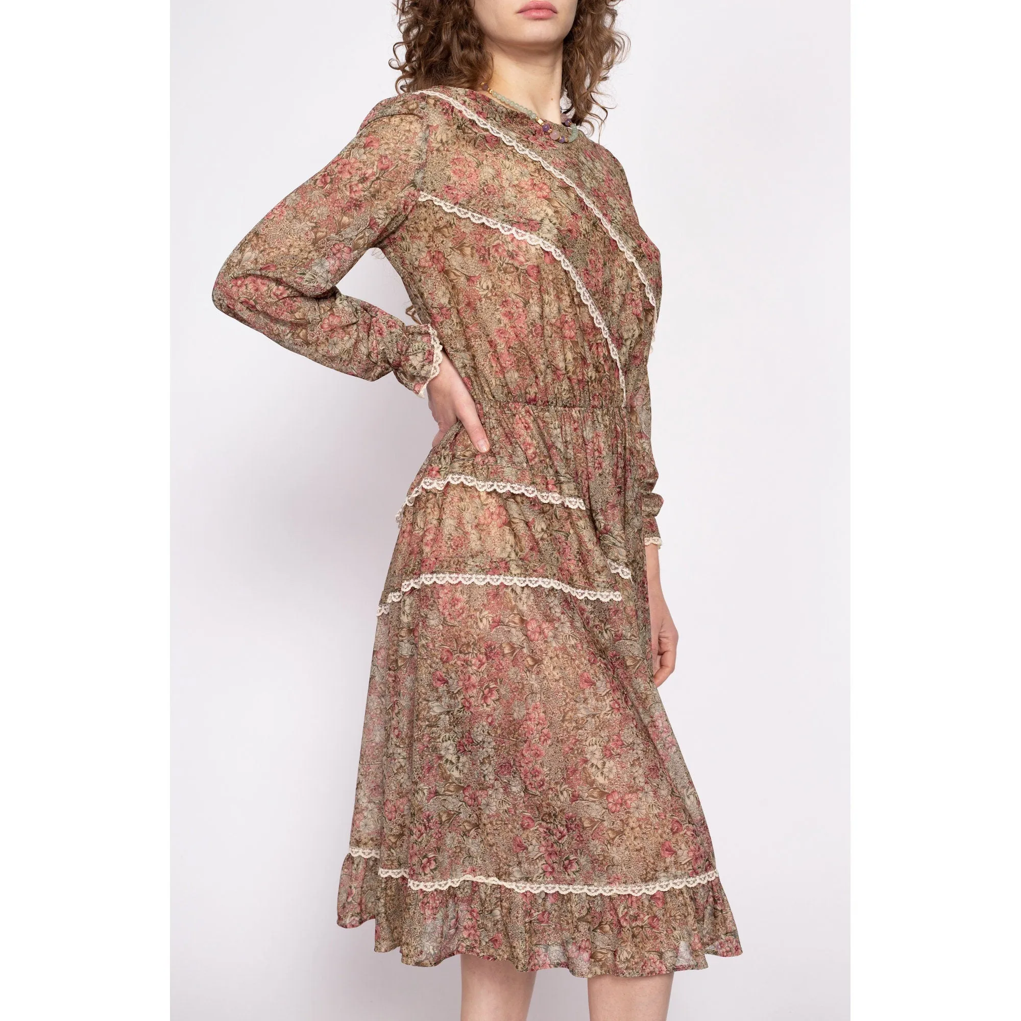 70s Boho Brown Floral Prairie Midi Dress - Medium