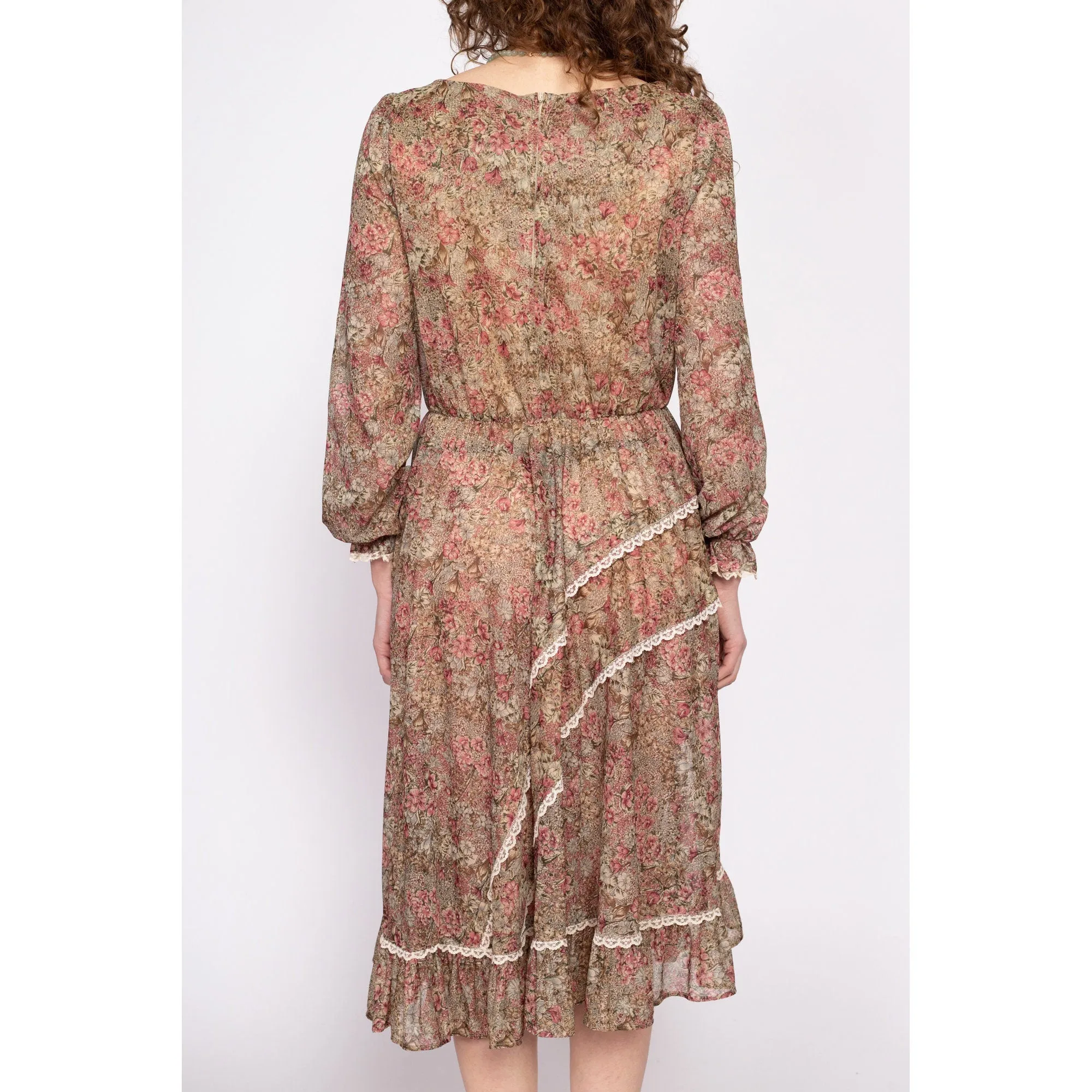 70s Boho Brown Floral Prairie Midi Dress - Medium