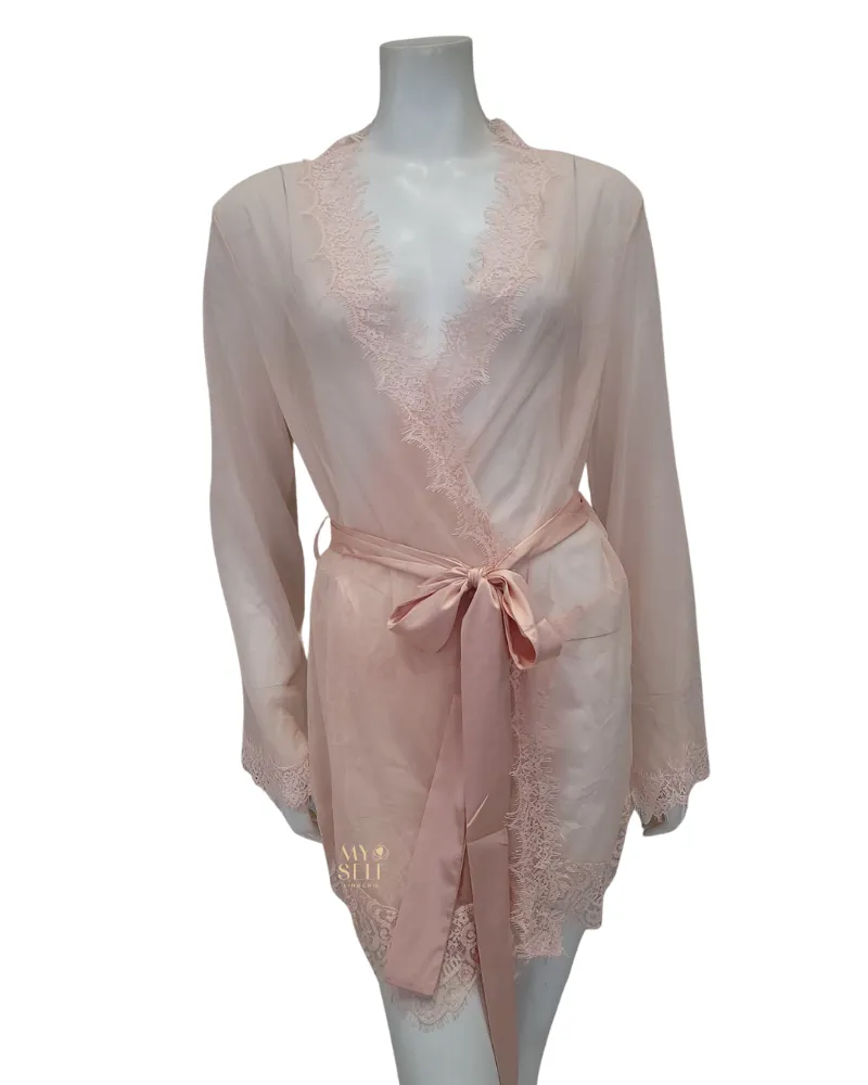 94-11136 Peach Whip Eyelash Sheer Lace Robe with G-String