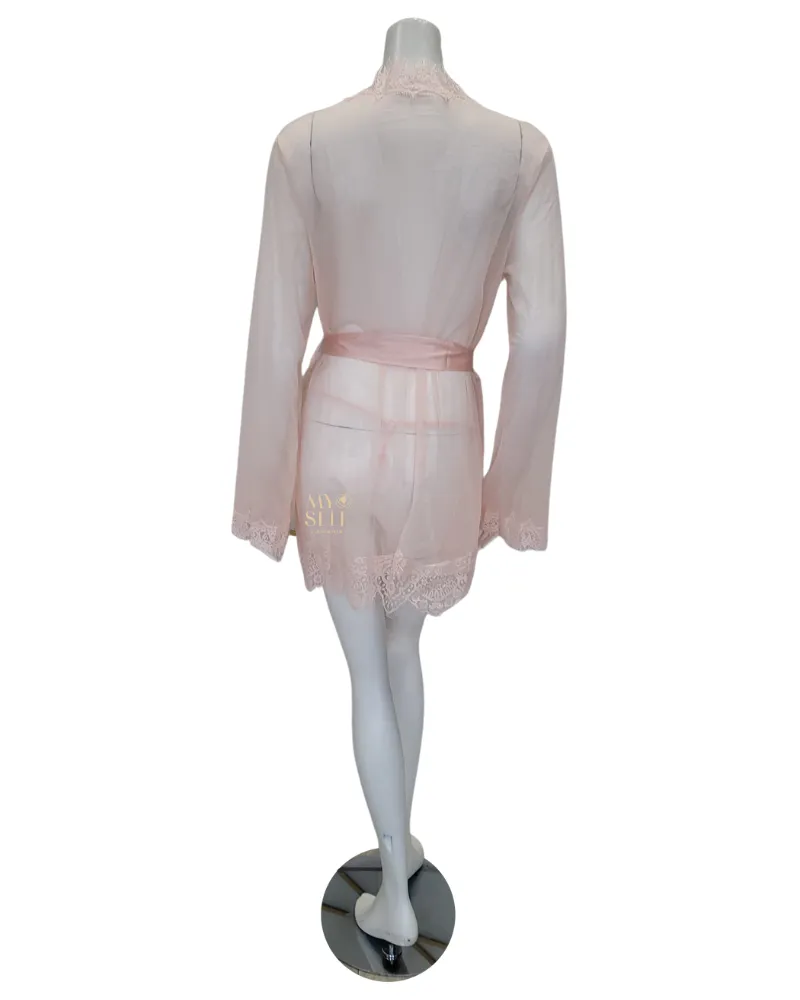 94-11136 Peach Whip Eyelash Sheer Lace Robe with G-String