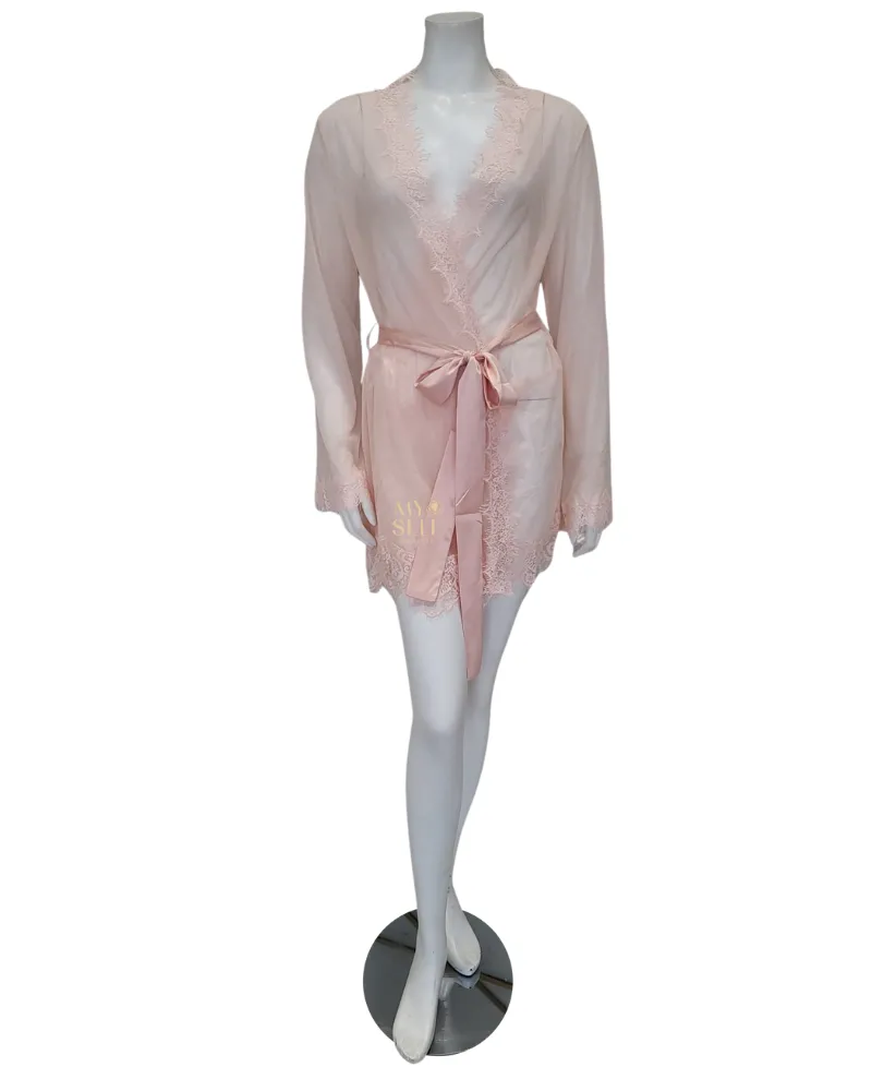 94-11136X Peach Whip Eyelash Sheer Lace Robe with G-String