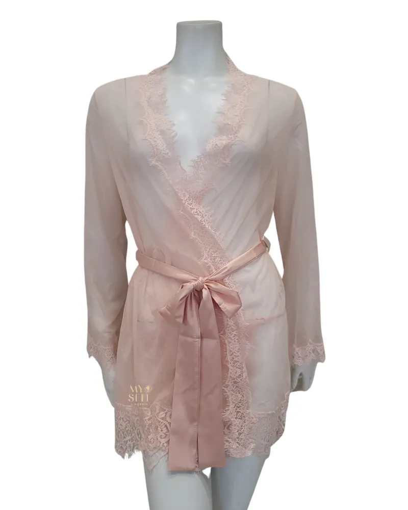 94-11136X Peach Whip Eyelash Sheer Lace Robe with G-String