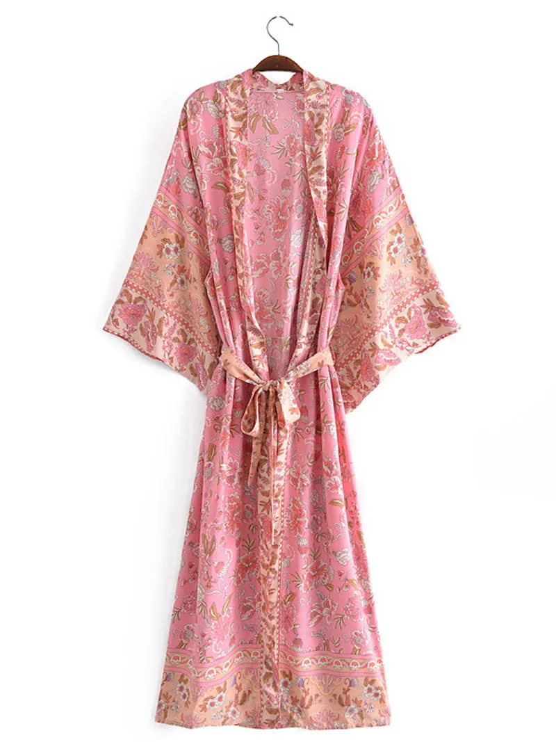 Beachwear Cotton Floral Print Pink Color Long Length Gown Kimono