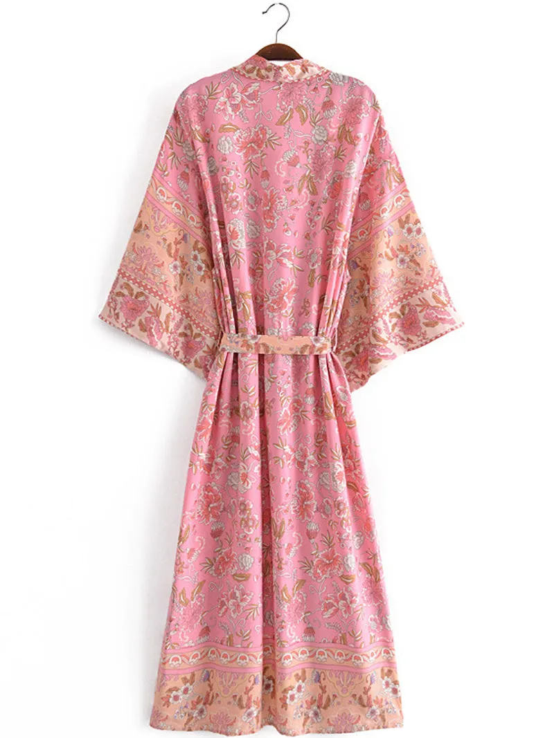 Beachwear Cotton Floral Print Pink Color Long Length Gown Kimono