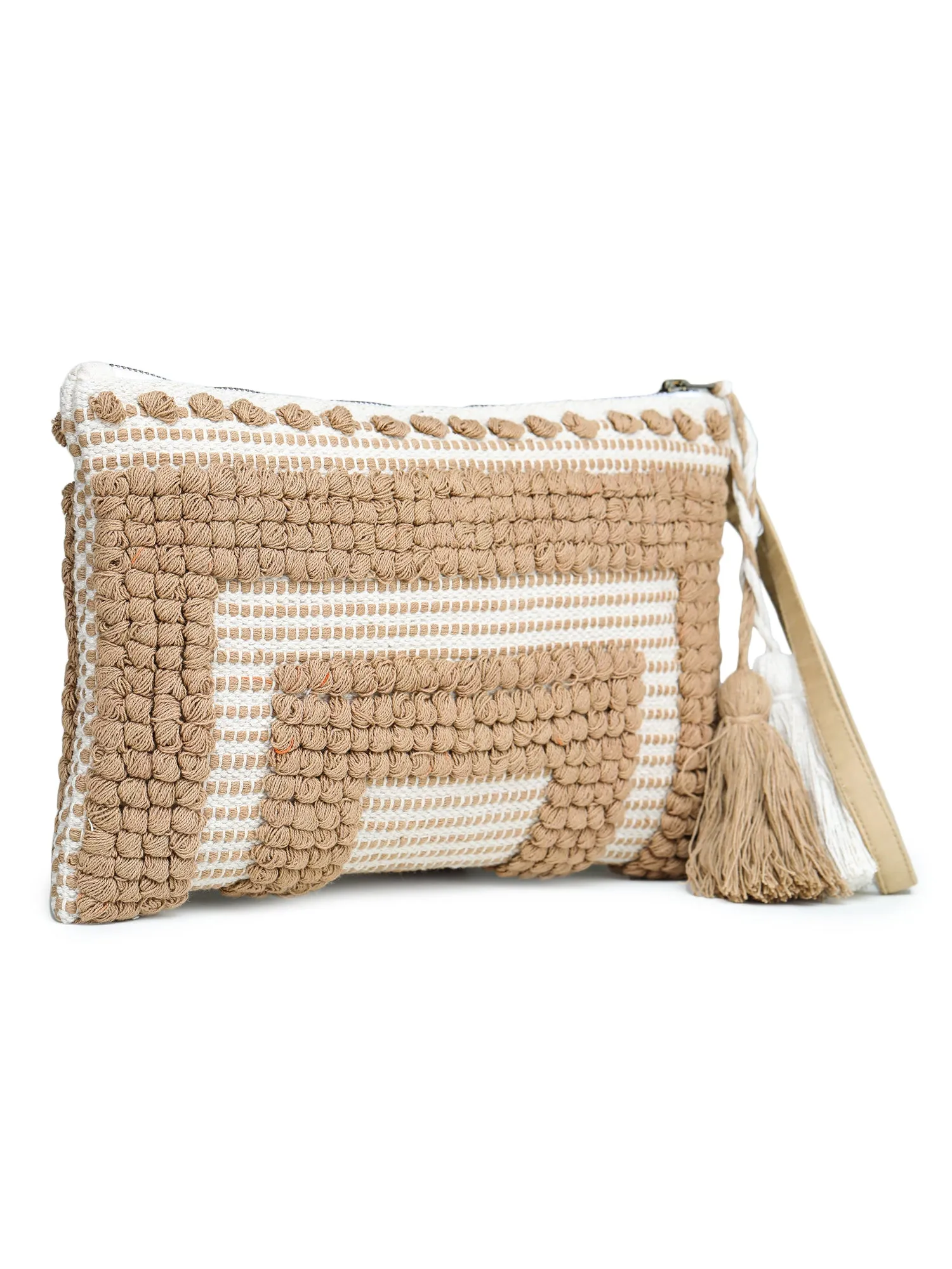 Beige-White Tasseled Hand Woven Tote Bag