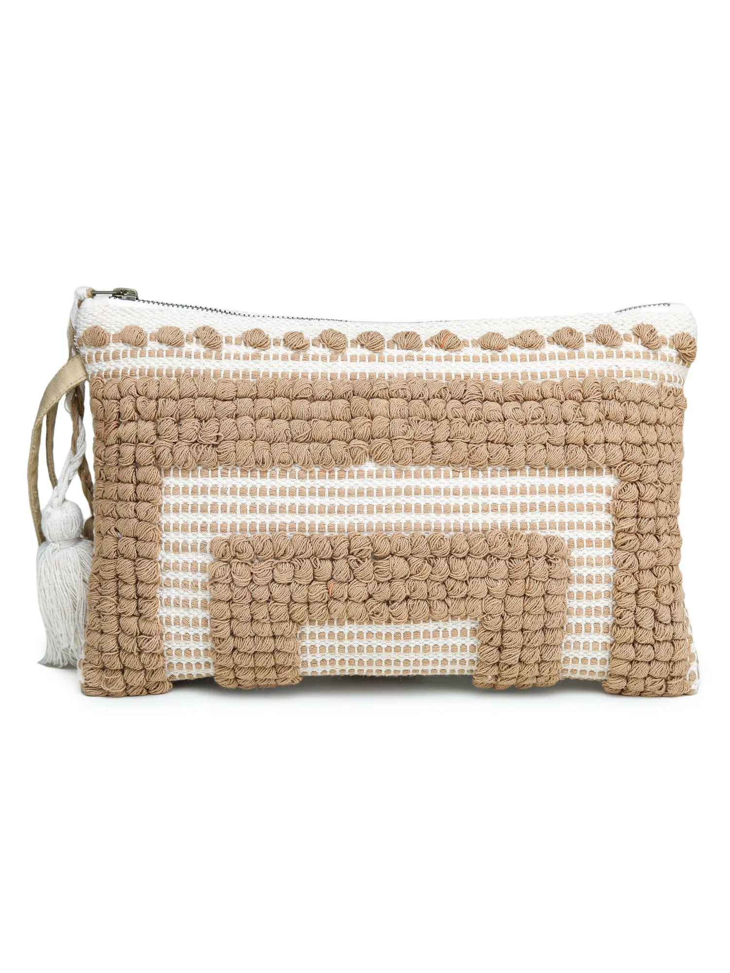 Beige-White Tasseled Hand Woven Tote Bag