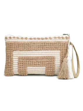 Beige-White Tasseled Hand Woven Tote Bag