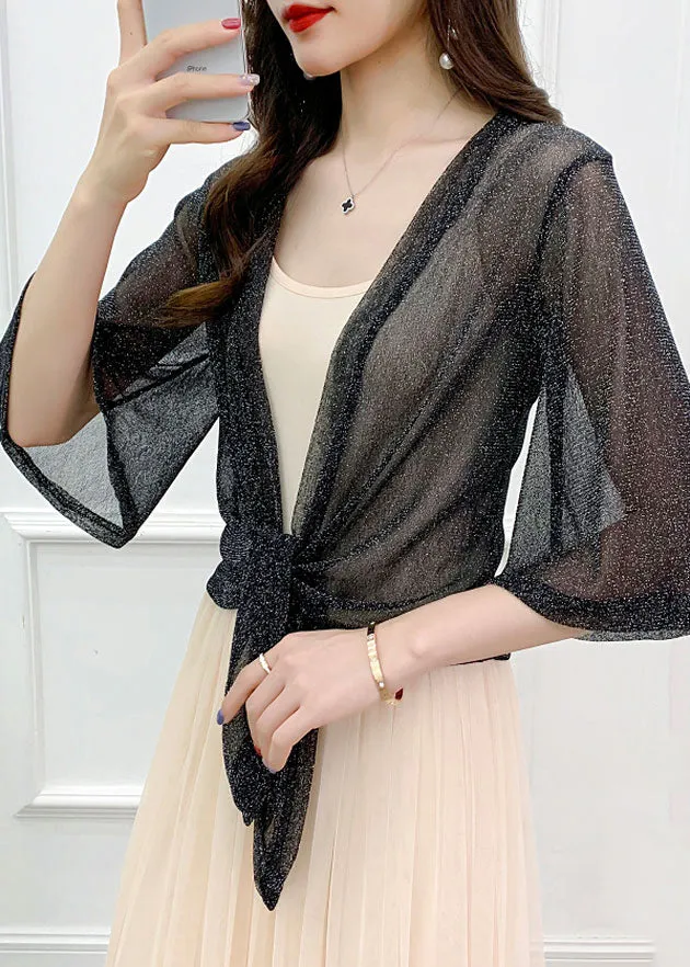 Black Lace Up Thin Tulle Cardigans V Neck Flare Sleeve AS1057