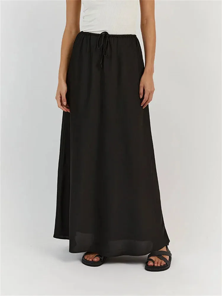 Black Waist Long Casual Loose Solid Satin Lace-up High Elegant Skirt