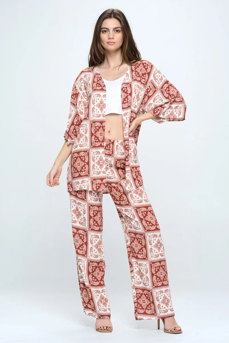 Boho check print 3/4 sleeve loose fit kimono and palazzo set