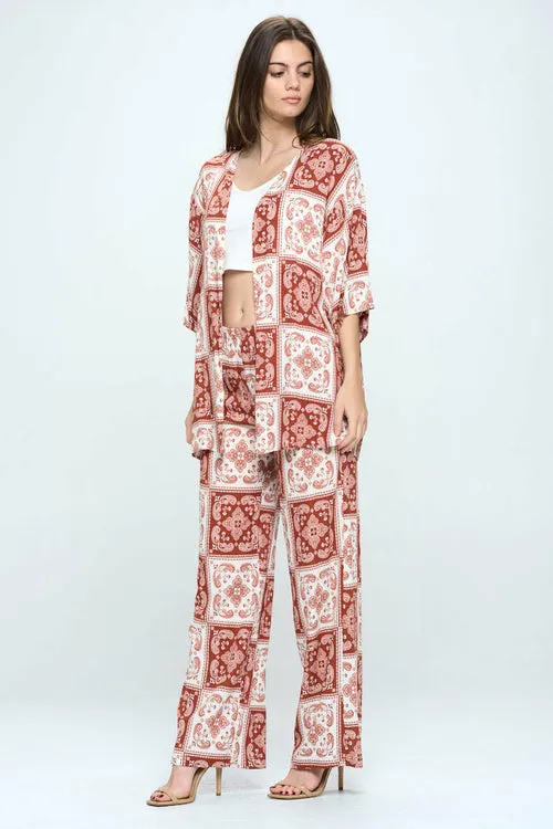 Boho check print 3/4 sleeve loose fit kimono and palazzo set