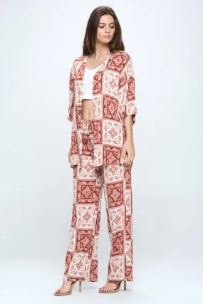 Boho check print 3/4 sleeve loose fit kimono and palazzo set