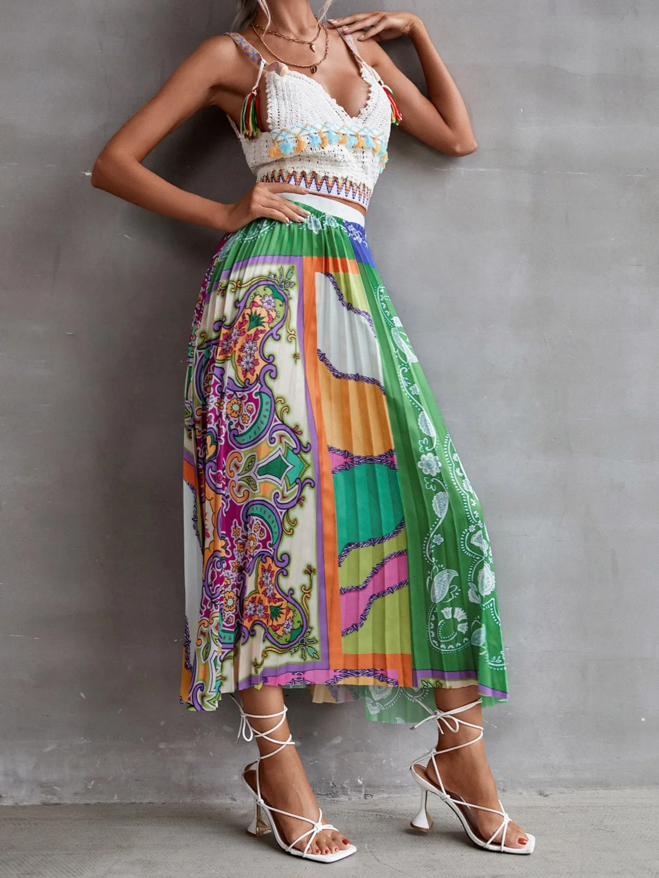 Boho Paisley Pleated High Waist Long Women Skirt