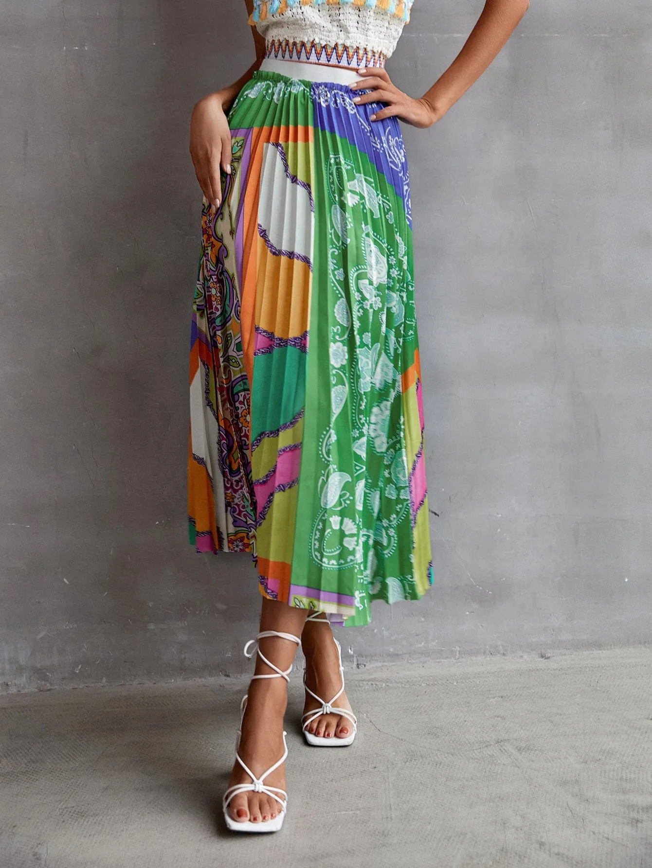 Boho Paisley Pleated High Waist Long Women Skirt