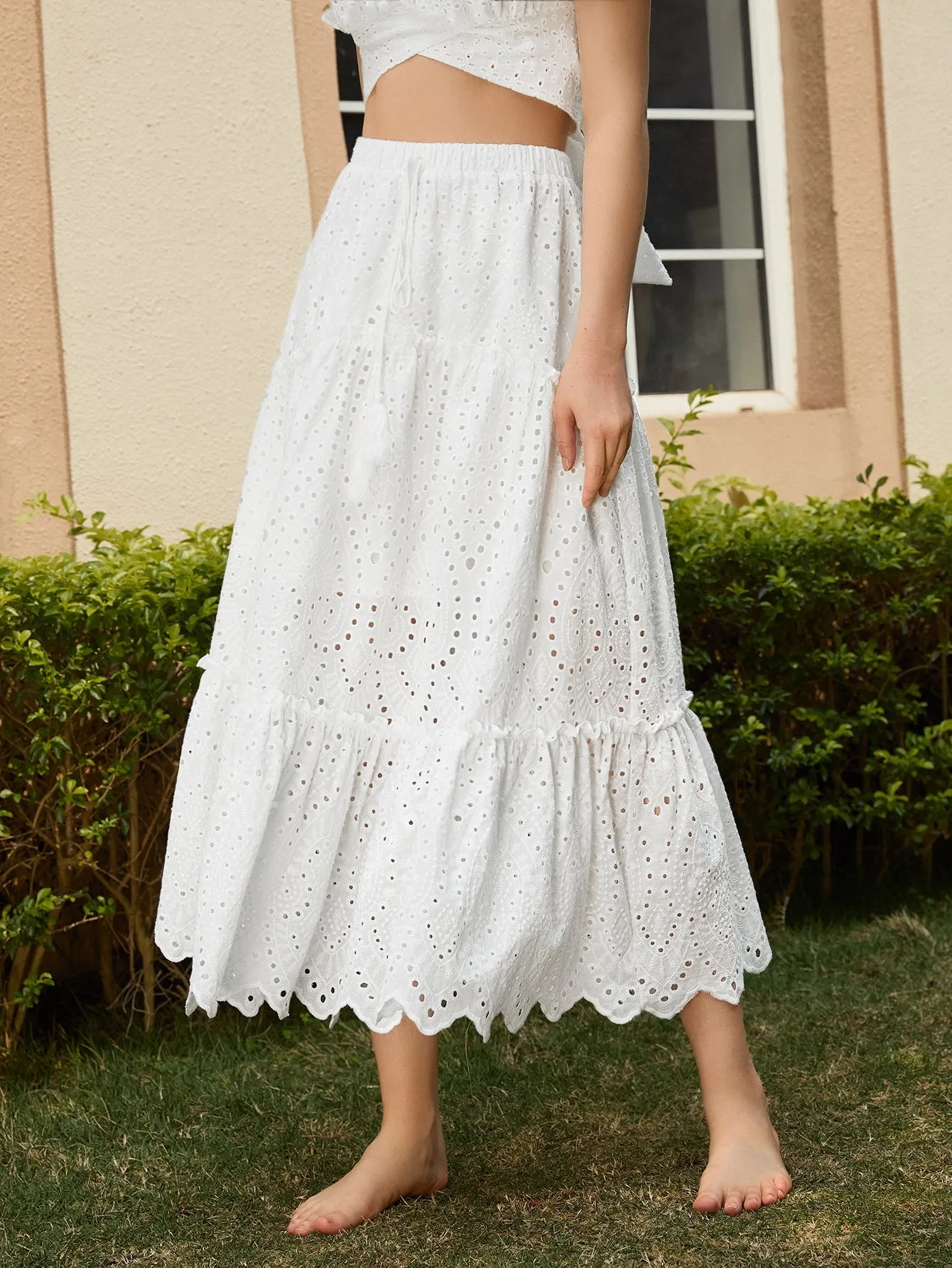 Boho Plain Eyelet Embroidery High Waist Long Women Skirt