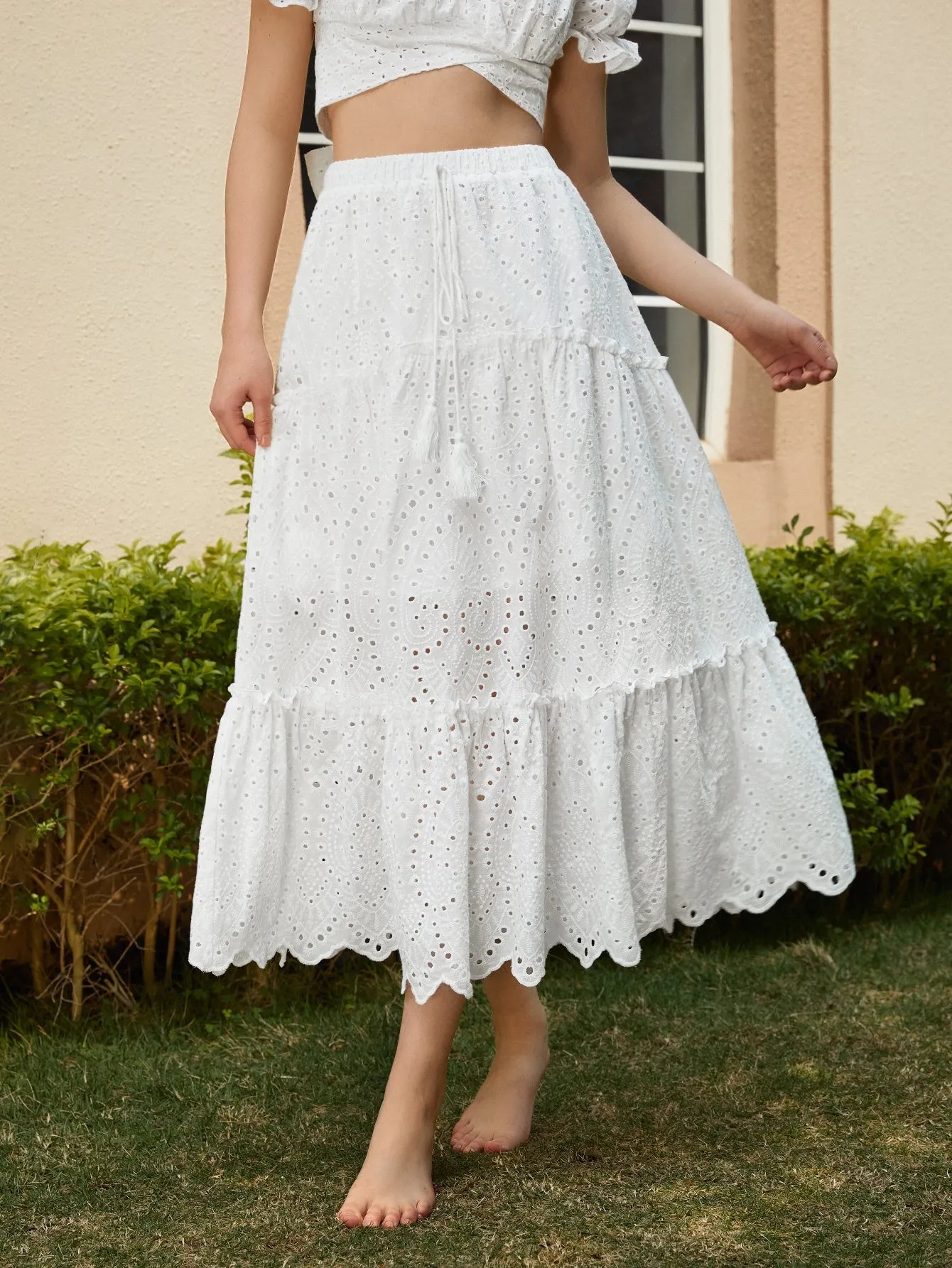 Boho Plain Eyelet Embroidery High Waist Long Women Skirt