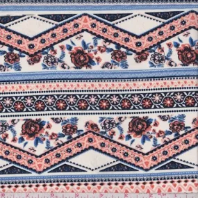 Bone/Clay/Blue Floral Chevron Challis Fabric