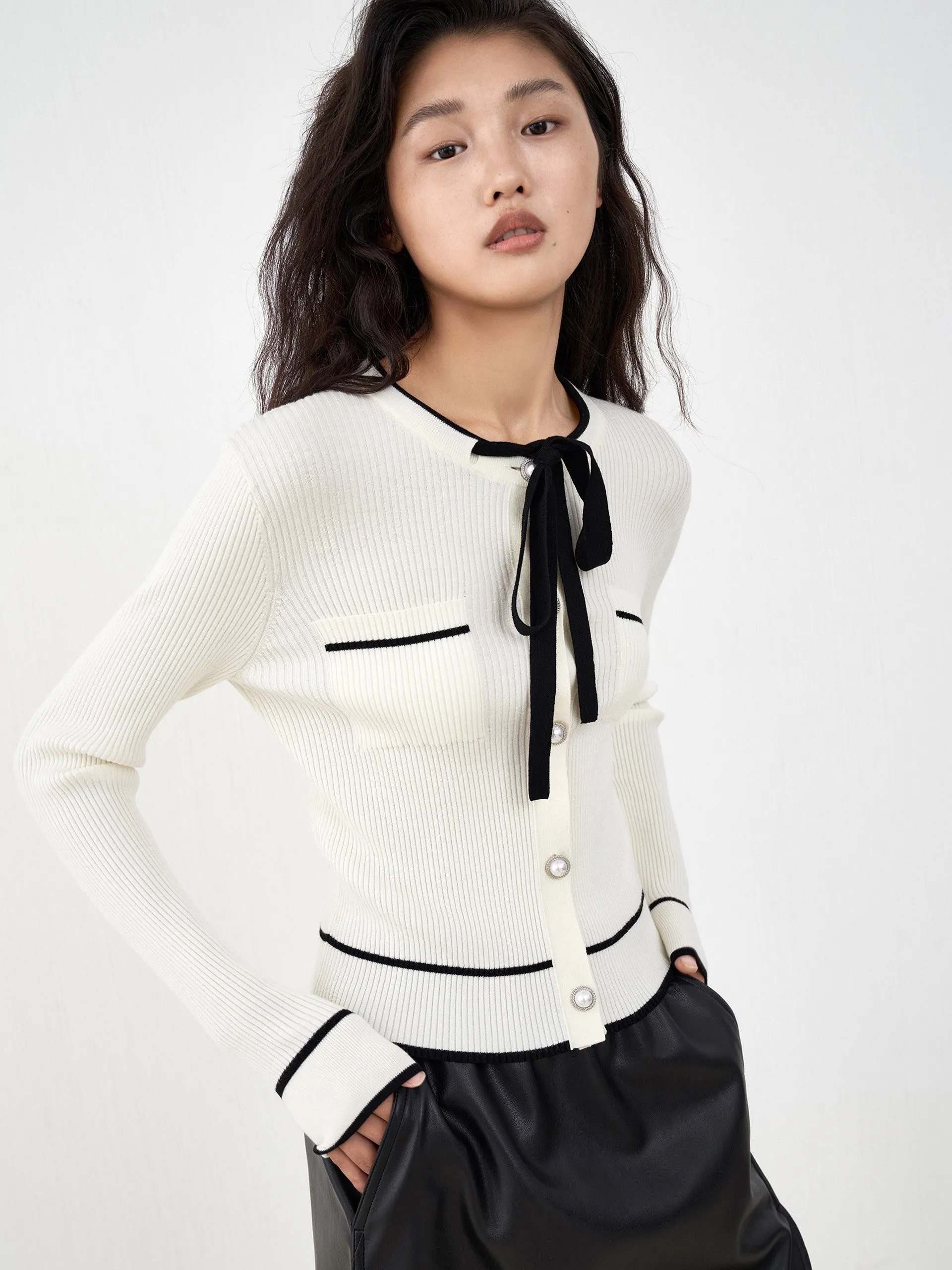 Contrast Bow Fitted Knit Cardigan