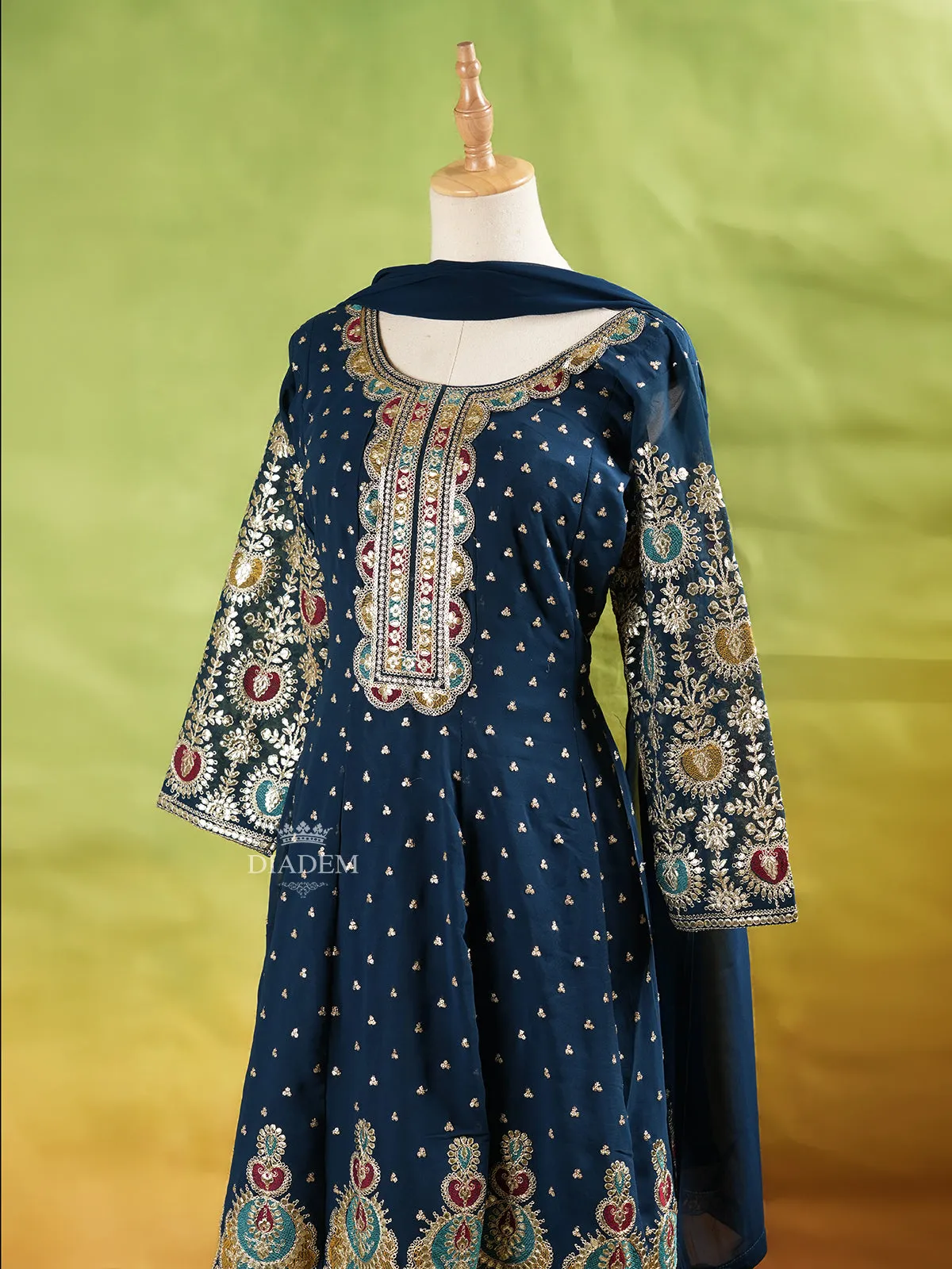 Dark Green Palazzo Suit Adorned with Floral and Sequins Embroidery, With Dupatta and 3/4 Sleeve