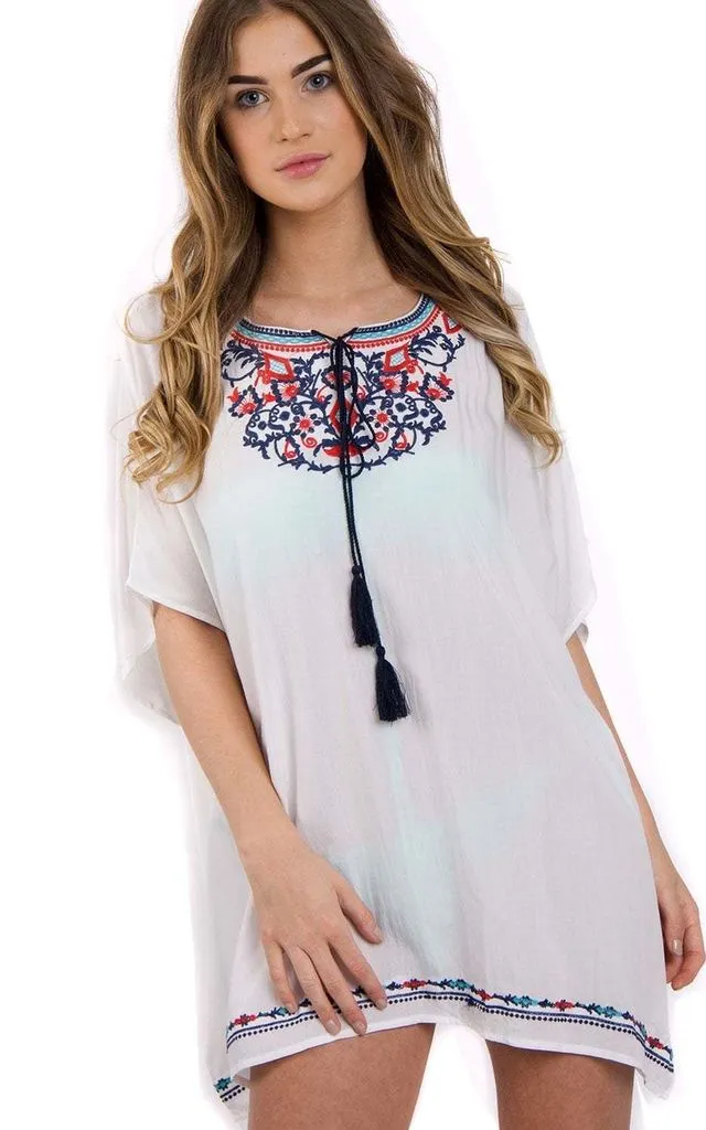 Floral Embroidered Loose Kaftan Top With Tie Front