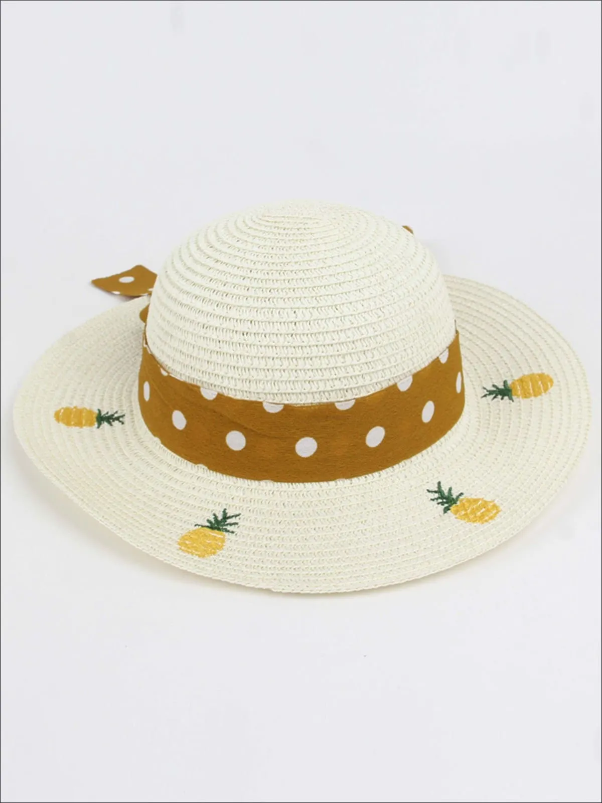 Girls Pineapple Embroidered Straw Hat with Polka Dot Ribbon