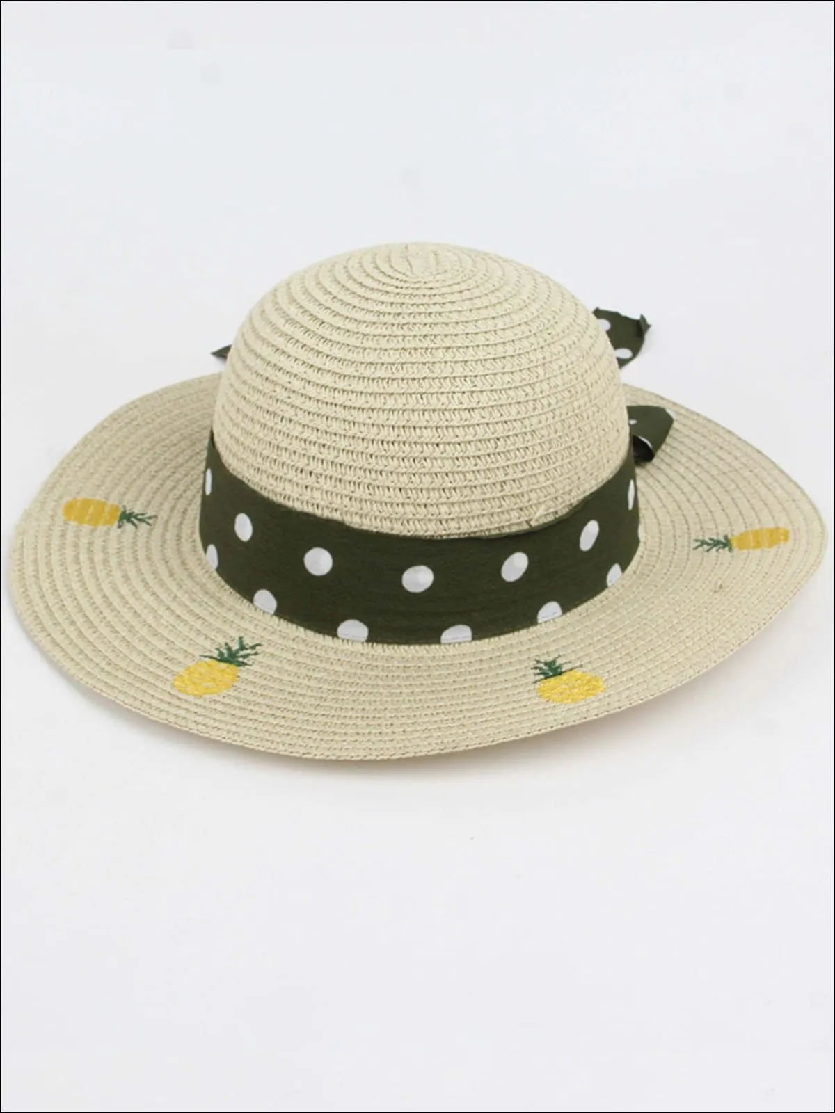 Girls Pineapple Embroidered Straw Hat with Polka Dot Ribbon