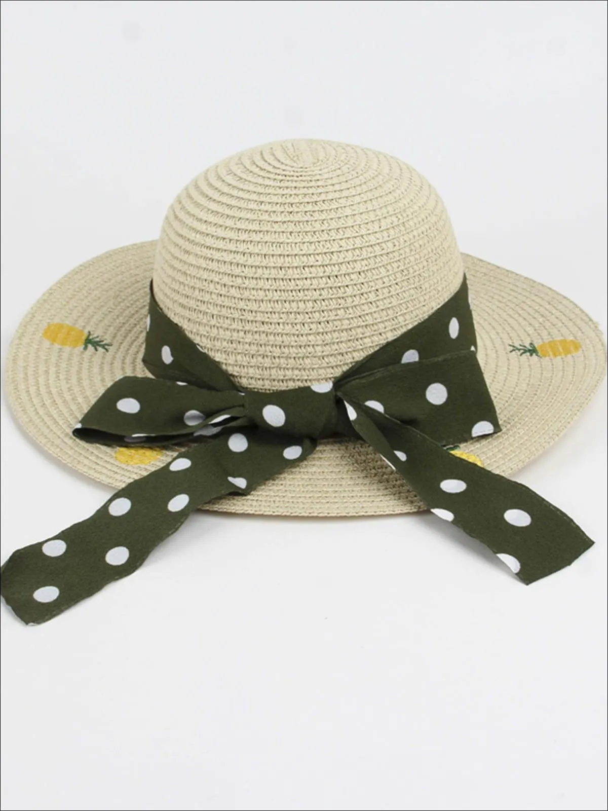 Girls Pineapple Embroidered Straw Hat with Polka Dot Ribbon