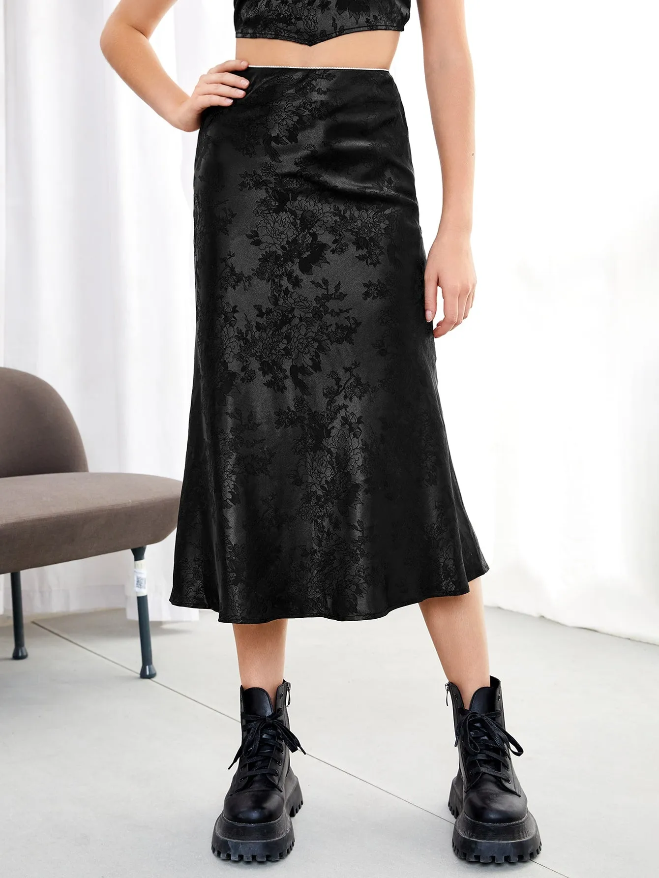 Glamorous Floral Zipper High Waist Midi Women Skirt