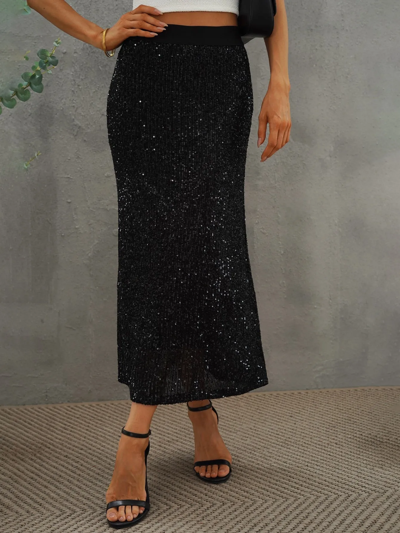 Glamorous Plain Contrast Sequin High Waist Long Women Skirt