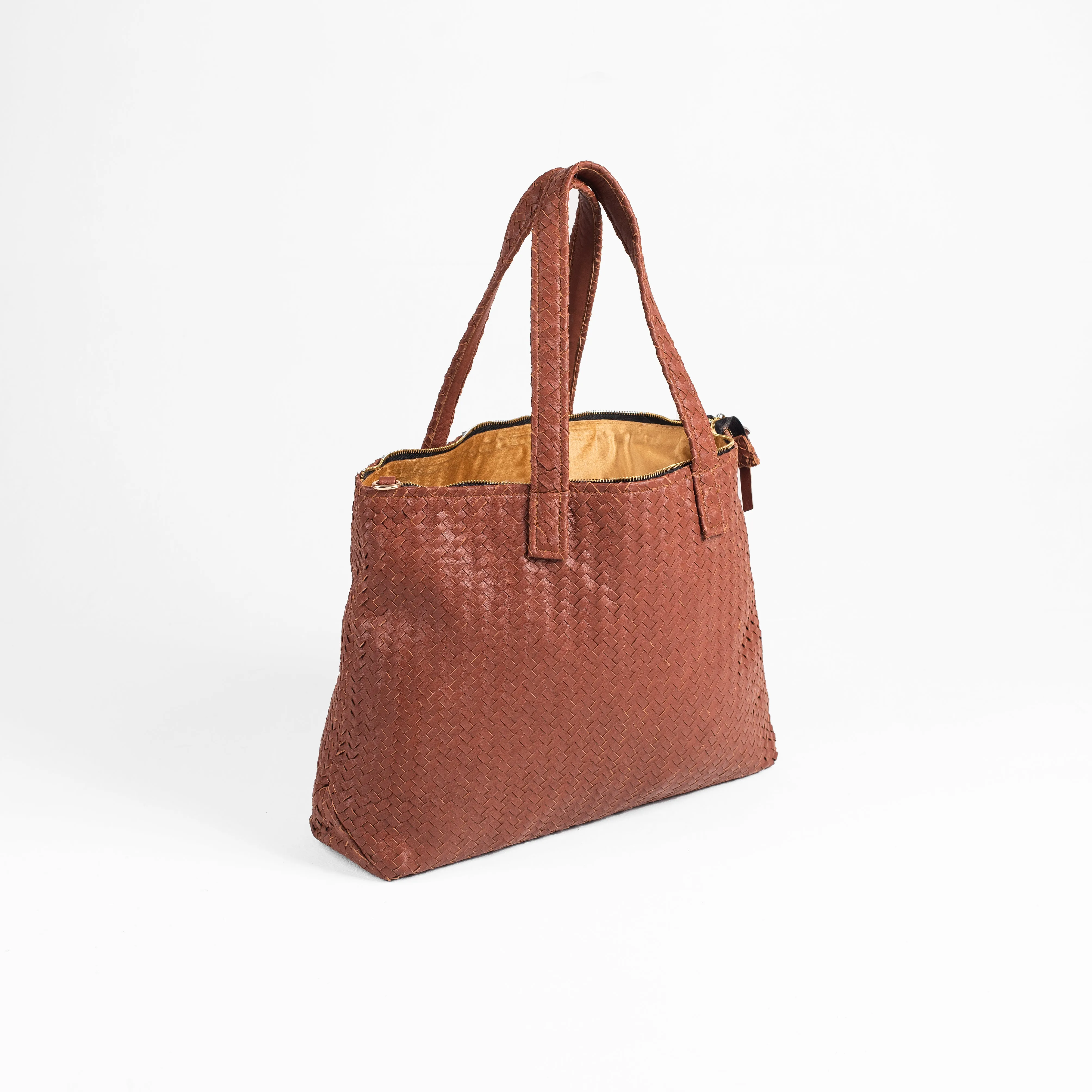 Handmade Woven Original Leather Bag With Zipper-Tan Brown