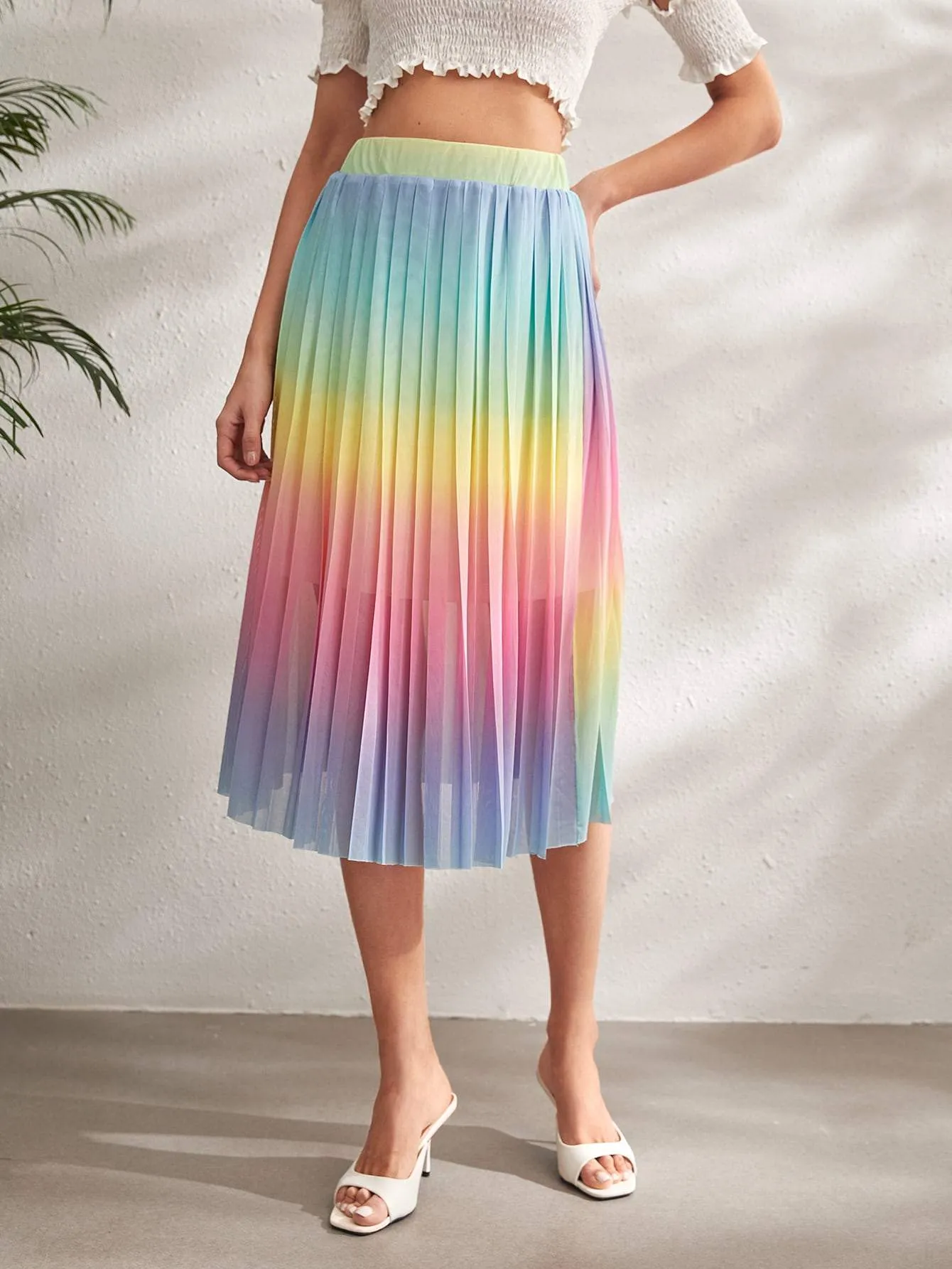 High Elastic Waist Ombre Pleated Mesh Skirt