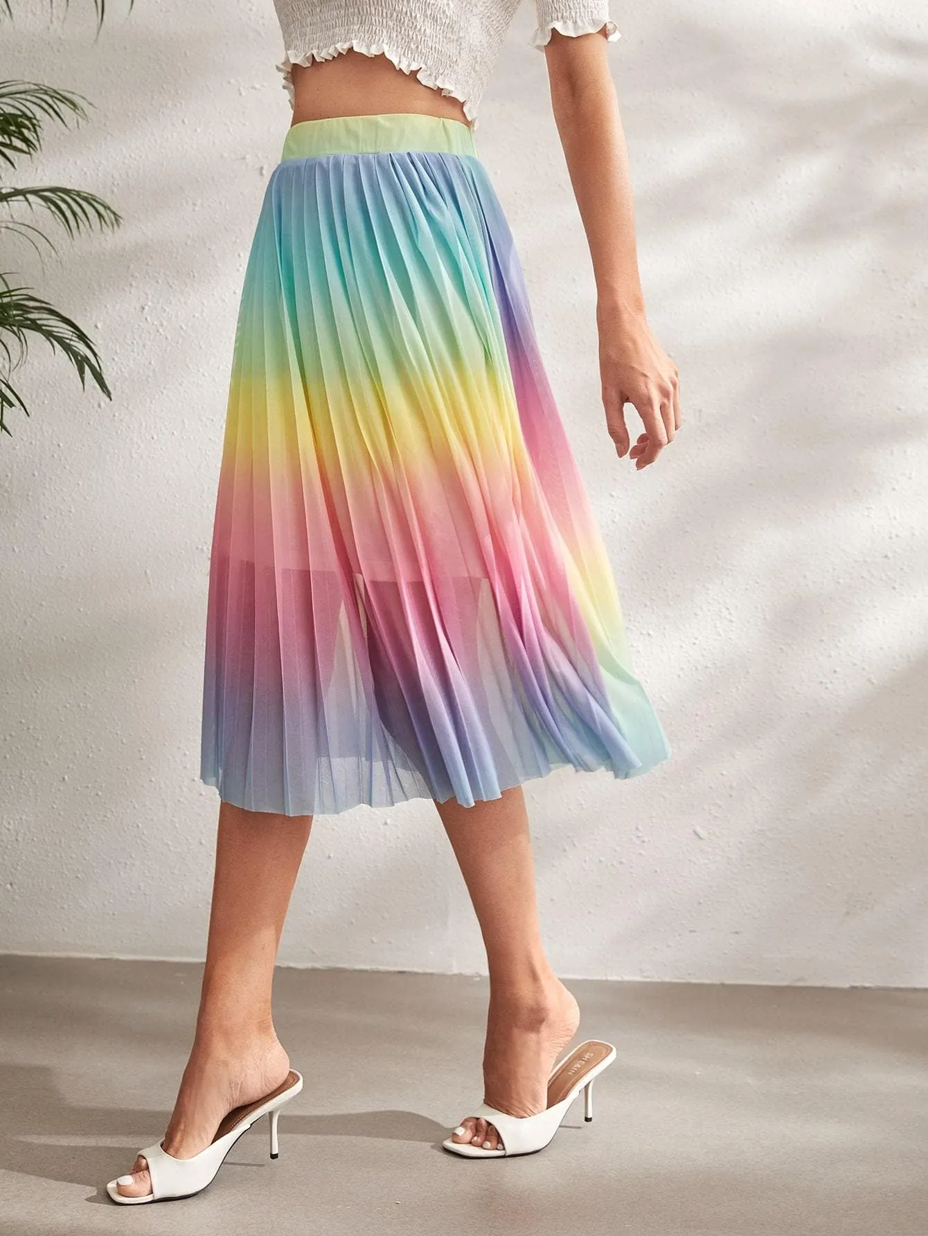 High Elastic Waist Ombre Pleated Mesh Skirt