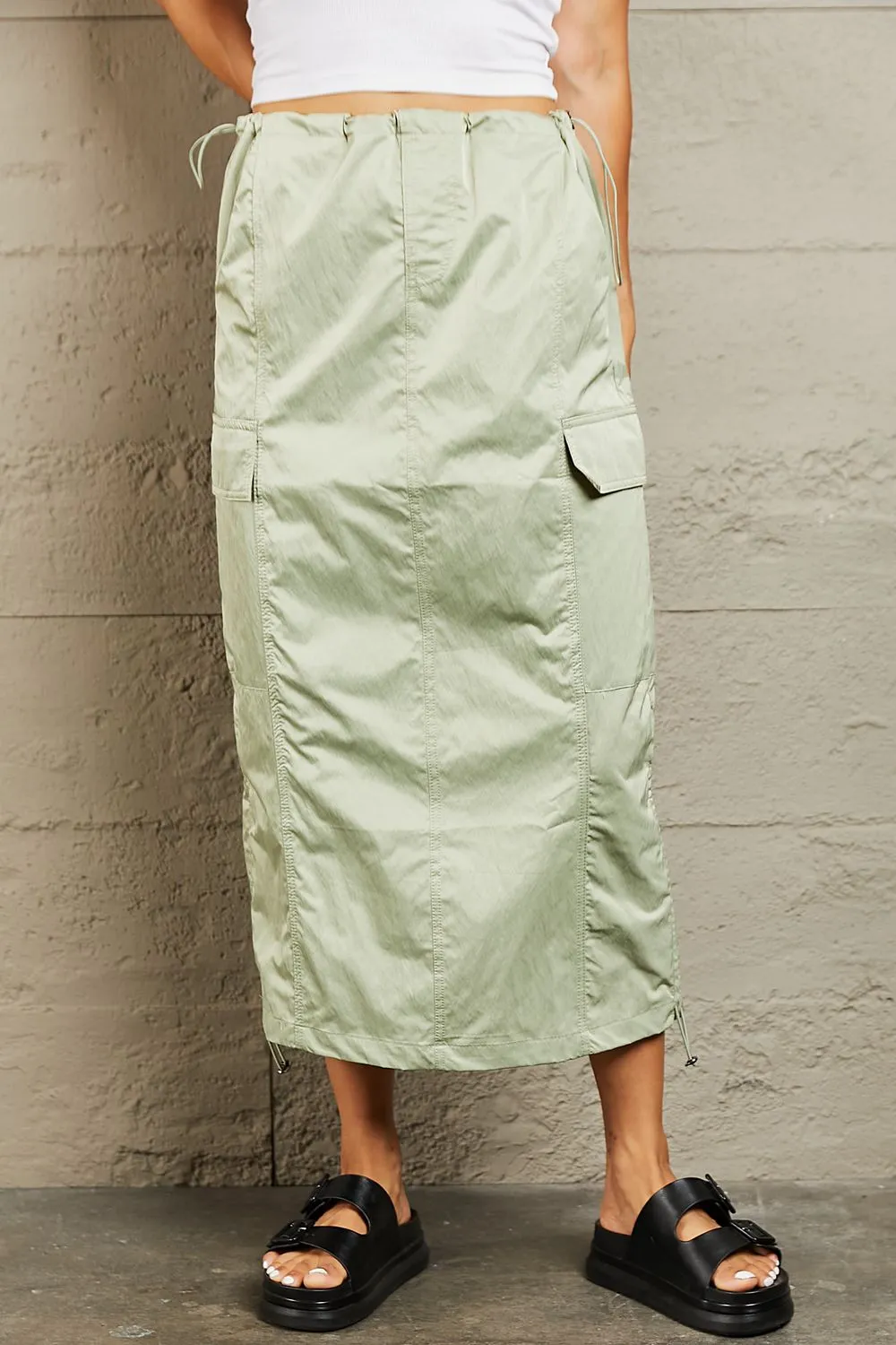 High Waisted Cargo Midi Skirt