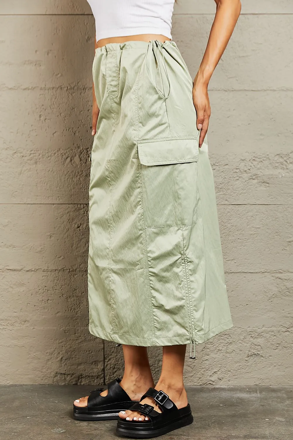 High Waisted Cargo Midi Skirt