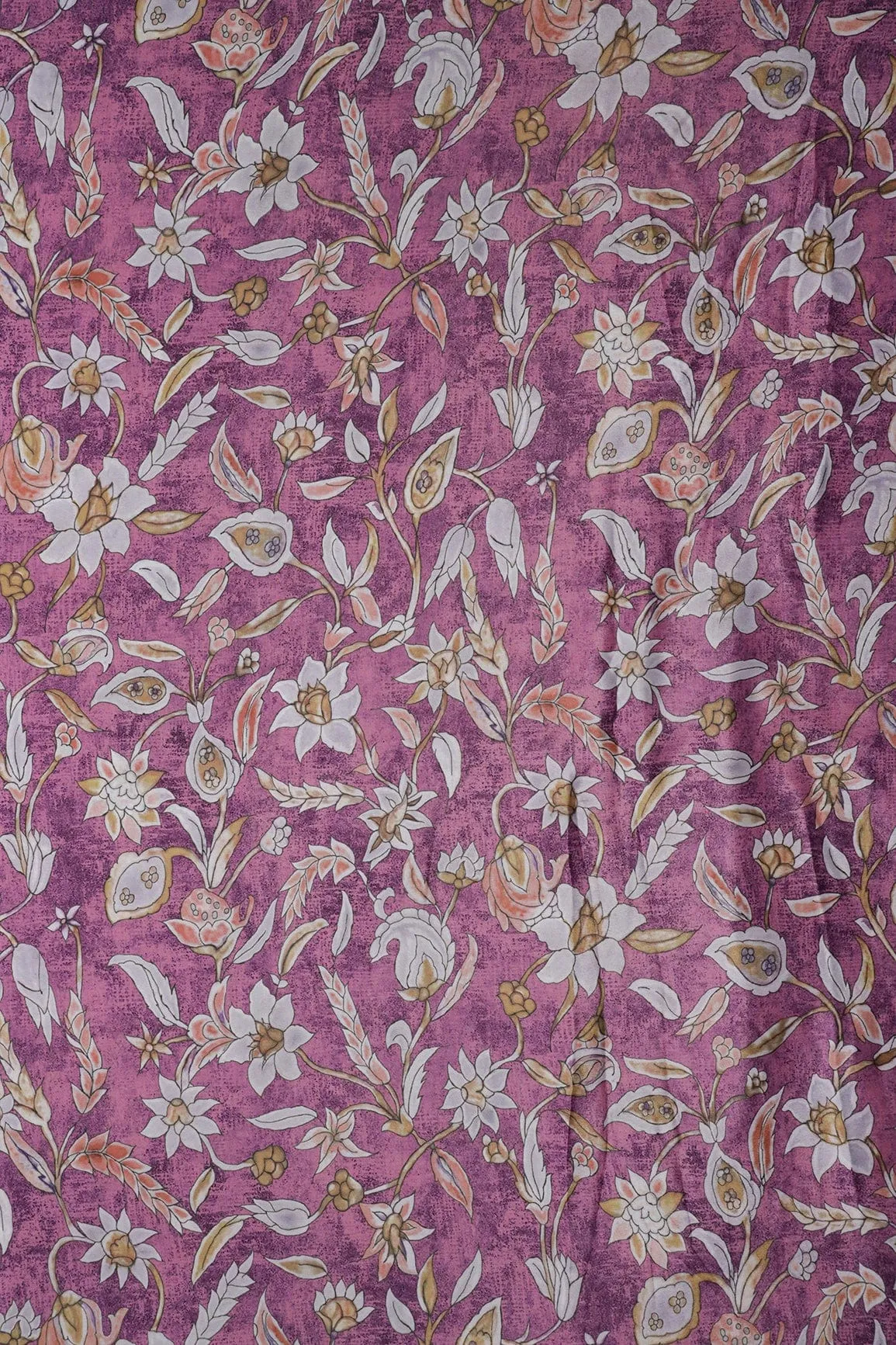 Light Grey Floral Digital Print On Orchid Purple Crepe Fabric