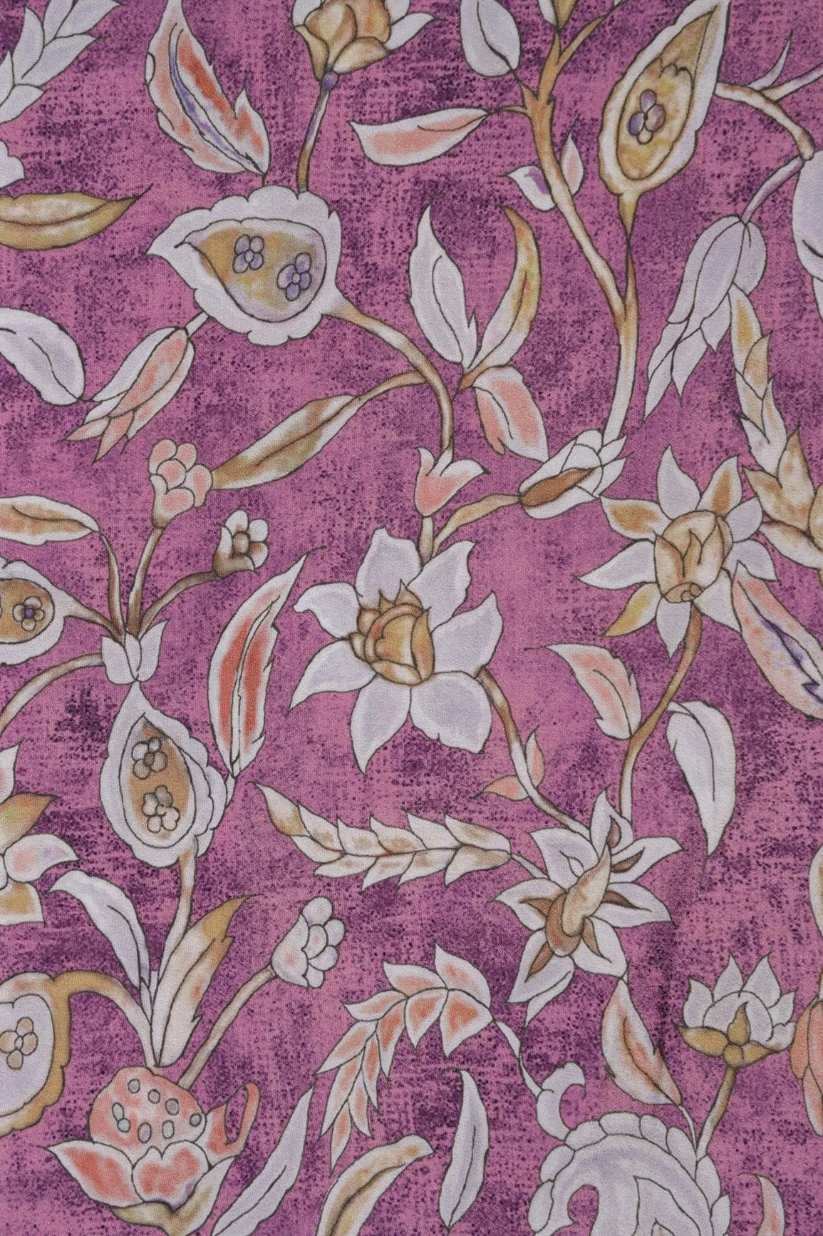 Light Grey Floral Digital Print On Orchid Purple Crepe Fabric