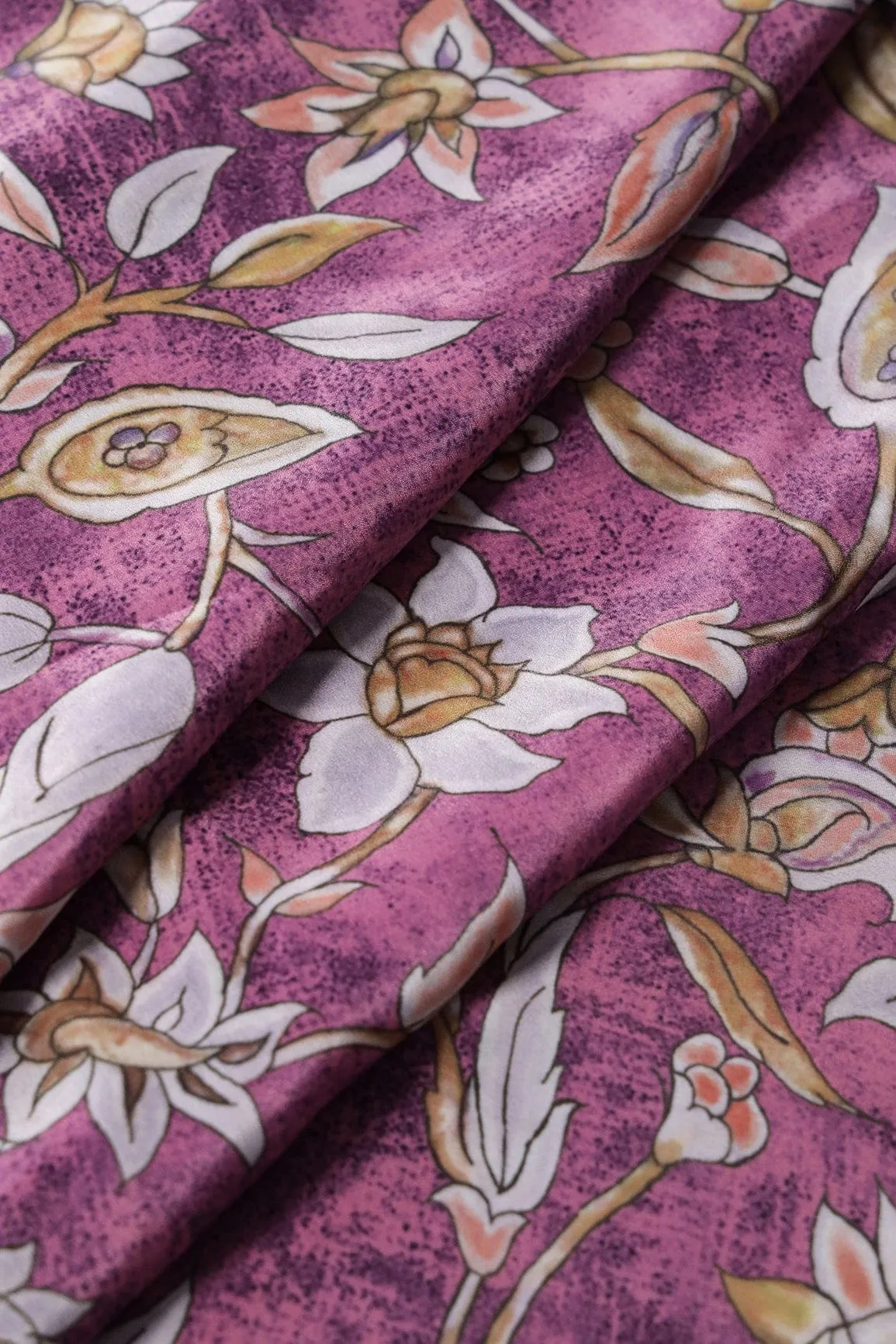 Light Grey Floral Digital Print On Orchid Purple Crepe Fabric