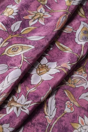 Light Grey Floral Digital Print On Orchid Purple Crepe Fabric