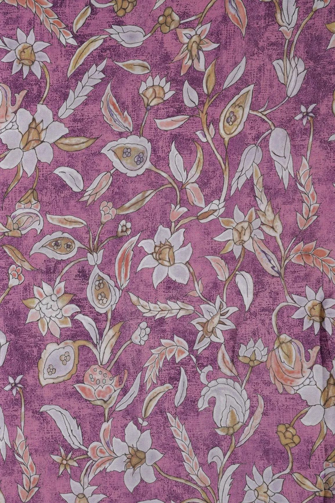 Light Grey Floral Digital Print On Orchid Purple Crepe Fabric