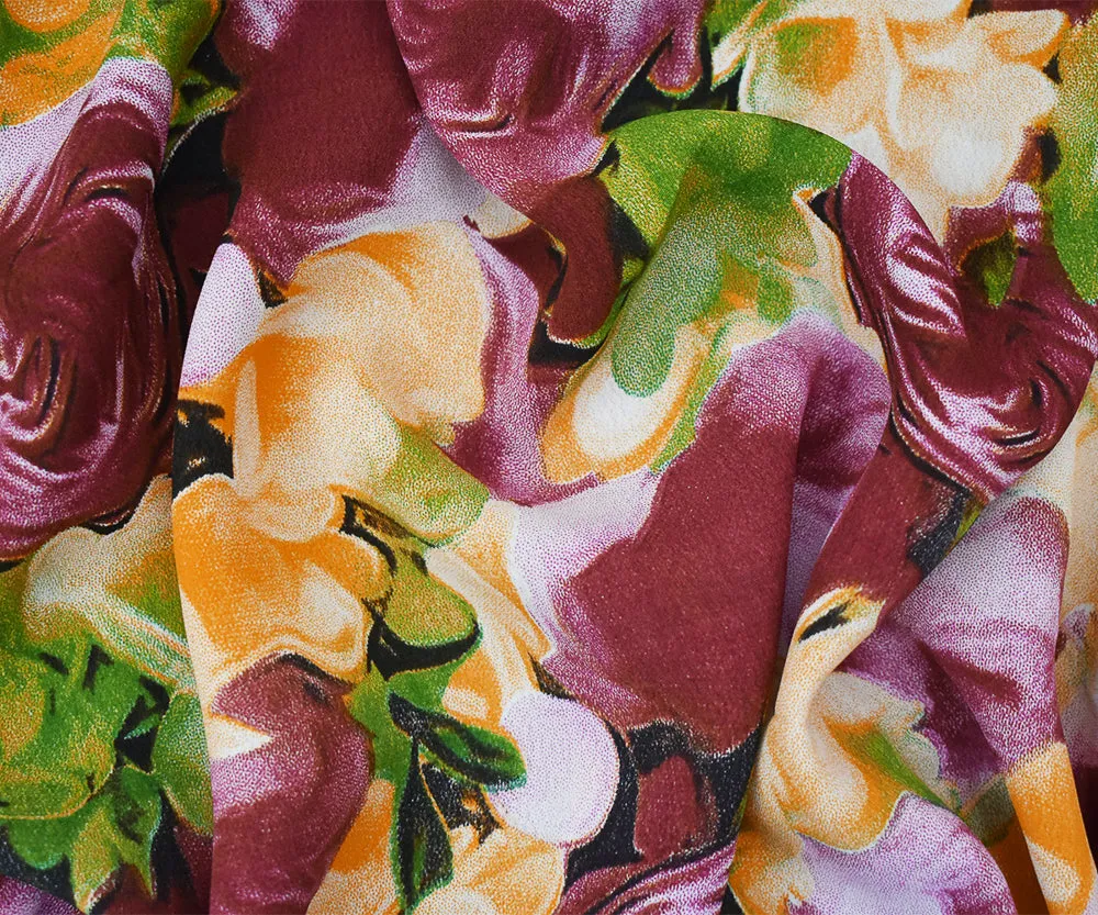 Maroon-Yellow-Multi Floral Printed Rayon Crepe Faille Woven Fabric