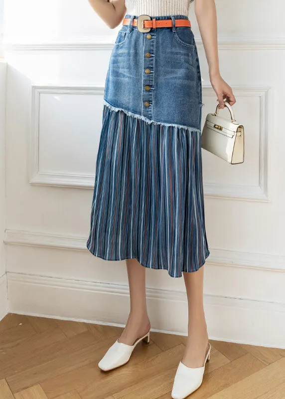 Modern Blue High Waist Sashes Asymmetrical Patchwork Cotton Denim Skirts Summer