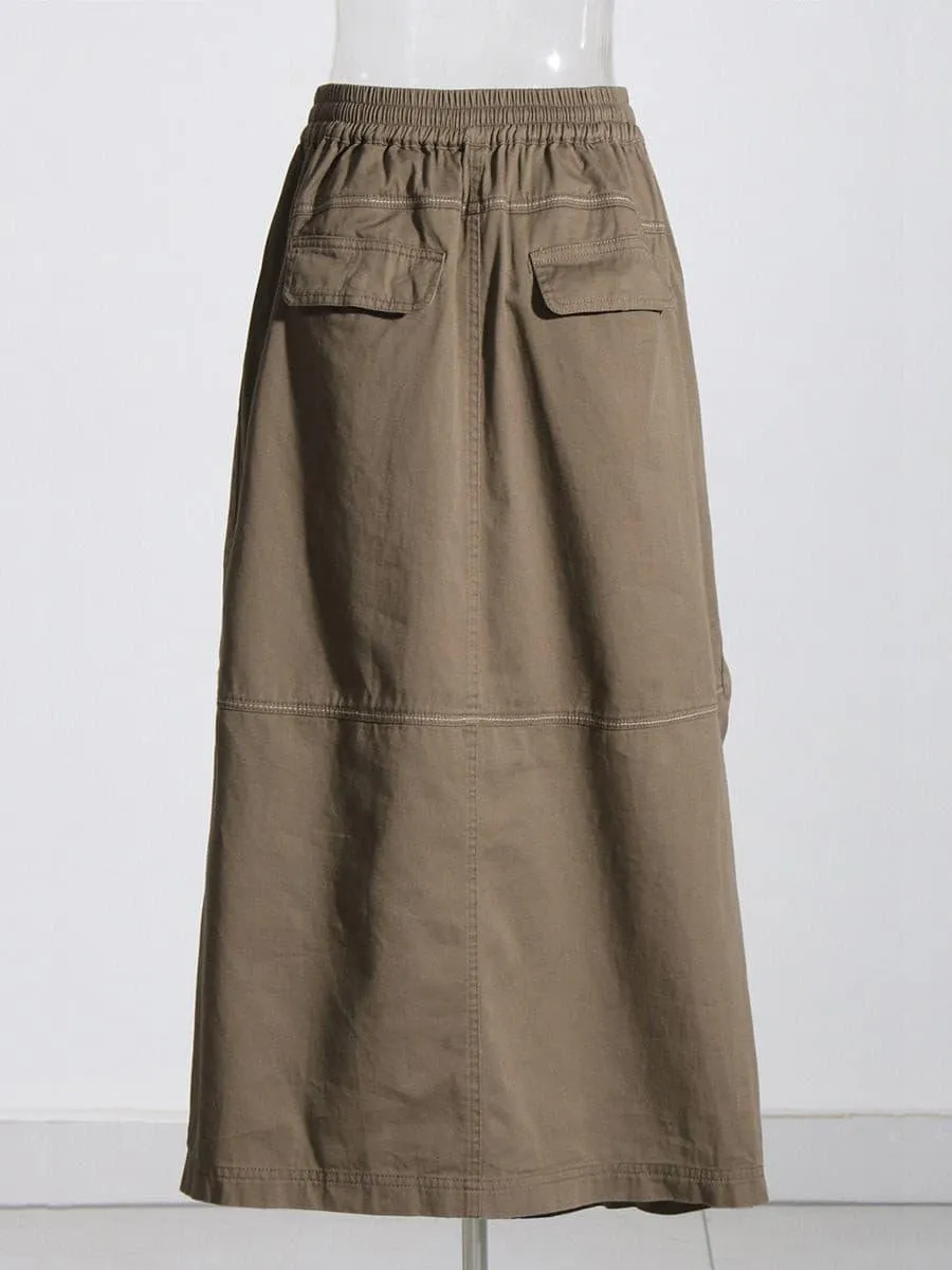 multi-pocket zipper high waist skirt