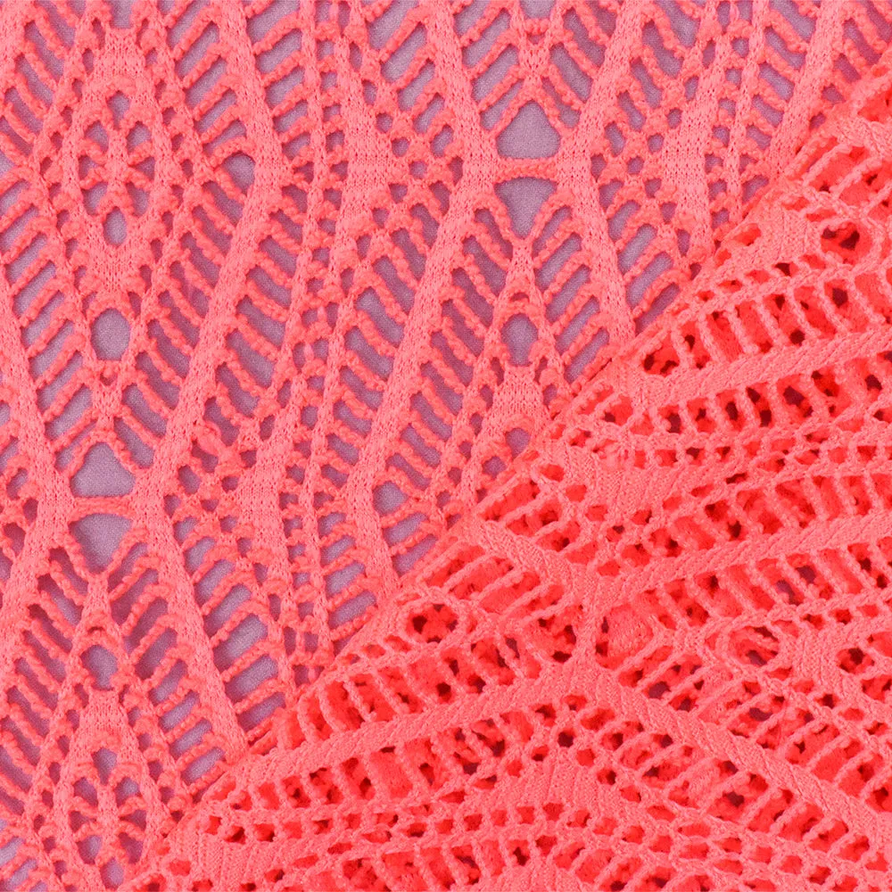 Neon Orange Patterned Diamond Stretch Poly Crochet Knit Fabric