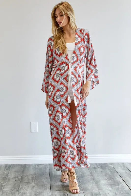 Printed Long Sleeve Loose Kimono