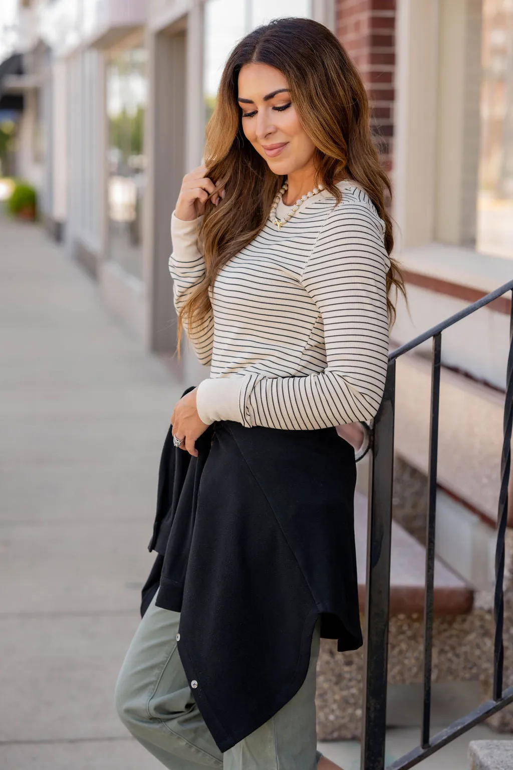 Ribbed Thin Striped Long Sleeve Tee