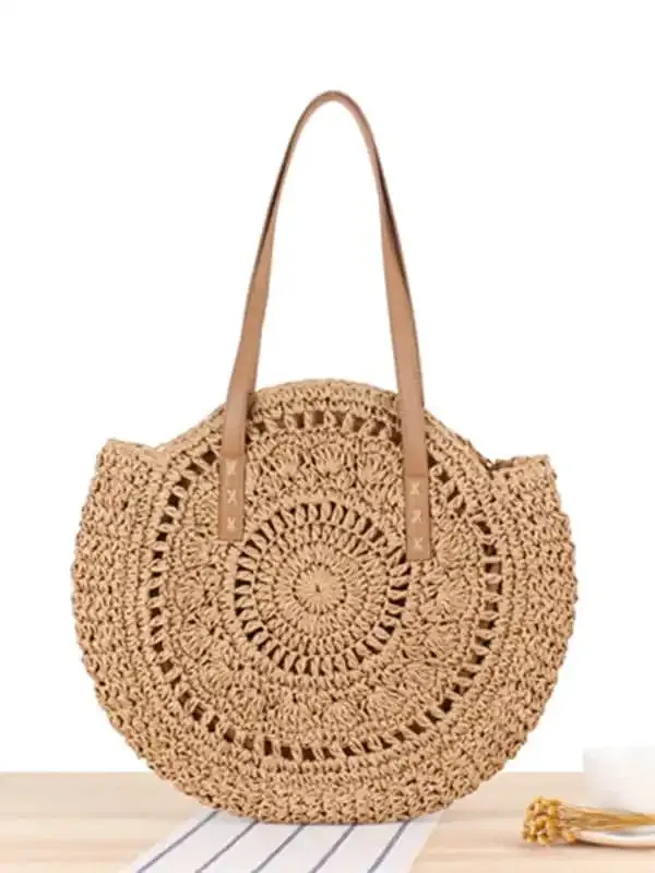 Round shoulder straw woven bag woven bag beach bag fashion women’s bag straw woven bag