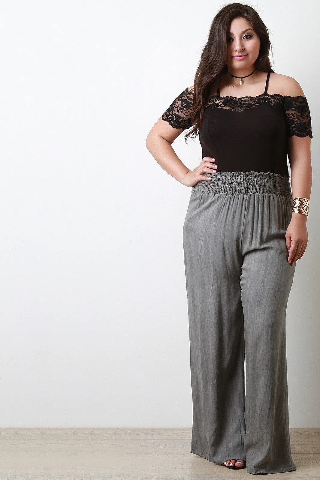 Shirred Elastic Waist Wide Leg Pants