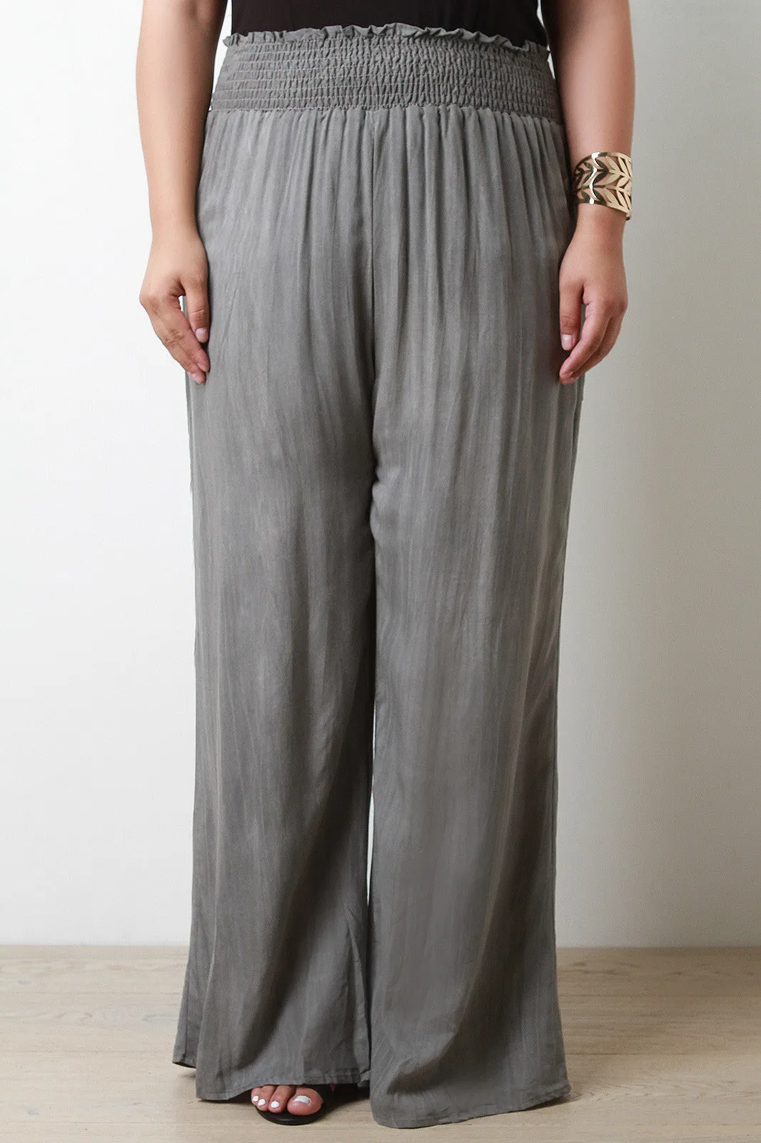 Shirred Elastic Waist Wide Leg Pants